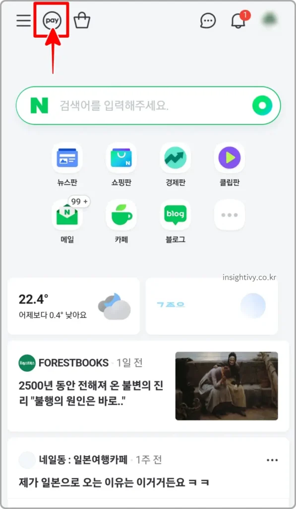 네이버쇼핑 리뷰 작성을 위해 메인 화면에서 pay 클릭